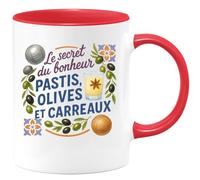 quotedazur - Mug Le secret du bonheur : pastis, olives et carreaux - Tasse Cadeau Pétanque Homme - Rouge/Céramique