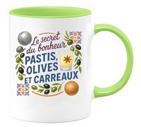 quotedazur - Mug Le secret du bonheur : pastis, olives et carreaux - Tasse Cadeau Pétanque Homme - Vert/Céramique