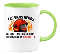 quotedazur - Mug les vrais héros ne portent pas de cape ils portent un casque F1 - Tasse Cadeau Pompier Femme - Vert/Céramique