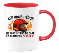 quotedazur - Mug les vrais héros ne portent pas de cape ils portent un casque F1 - Tasse Cadeau Pompier Femme - Rouge/Céramique