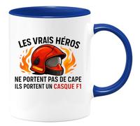 quotedazur - Mug les vrais héros ne portent pas de cape ils portent un casque F1 - Tasse Cadeau Pompier Femme - Bleu/Céramique