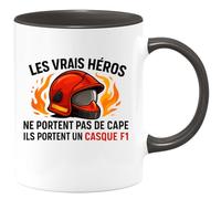 quotedazur - Mug les vrais héros ne portent pas de cape ils portent un casque F1 - Tasse Cadeau Pompier Femme - Noir/Céramique