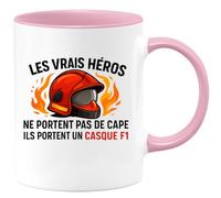quotedazur - Mug les vrais héros ne portent pas de cape ils portent un casque F1 - Tasse Cadeau Pompier Femme - Rose/Céramique