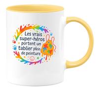 quotedazur - Mug Les vrais super-héros portent un tablier plein de peinture - Tasse Cadeau Nounou Femme - Jaune/Céramique