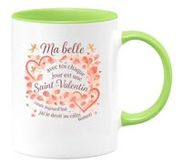 quotedazur - Mug Ma belle, avec toi chaque jour est une Saint-Valentin (mais aujourd'hui j'ai le droit au câlin bonus) - Tasse Cadeau Amour, Saint-Valentin, Couple Femme - Vert/Céramique