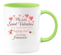 quotedazur - Mug Ma belle Saint-Valentine, avec toi j'ai trouvé mon happy end en version française - Tasse Cadeau Amour, Saint-Valentin, Couple Femme - Vert/Céramique