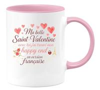 quotedazur - Mug Ma belle Saint-Valentine, avec toi j'ai trouvé mon happy end en version française - Tasse Cadeau Amour, Saint-Valentin, Couple Femme - Rose/Céramique