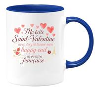 quotedazur - Mug Ma belle Saint-Valentine, avec toi j'ai trouvé mon happy end en version française - Tasse Cadeau Amour, Saint-Valentin, Couple Femme - Bleu/Céramique