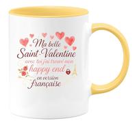 quotedazur - Mug Ma belle Saint-Valentine, avec toi j'ai trouvé mon happy end en version française - Tasse Cadeau Amour, Saint-Valentin, Couple Femme - Jaune/Céramique