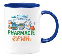 quotedazur - Mug ma cuisine c'est comme une pharmacie : que des plats tout prêts - Tasse Cadeau Humour Femme - Bleu/Céramique