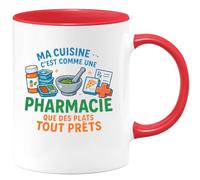 quotedazur - Mug ma cuisine c'est comme une pharmacie : que des plats tout prêts - Tasse Cadeau Humour Femme - Rouge/Céramique