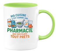 quotedazur - Mug ma cuisine c'est comme une pharmacie : que des plats tout prêts - Tasse Cadeau Humour Femme - Vert/Céramique