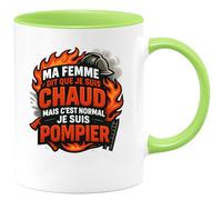 quotedazur - Mug ma femme dit que je suis chaud mais c'est normal je suis pompier - Tasse Cadeau Pompier Femme - Vert/Céramique