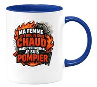 quotedazur - Mug ma femme dit que je suis chaud mais c'est normal je suis pompier - Tasse Cadeau Pompier Femme - Bleu/Céramique