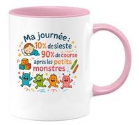 quotedazur - Mug Ma journée : 10% de sieste, 90% de course après les petits monstres - Tasse Cadeau Nounou Femme - Rose/Céramique