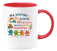 quotedazur - Mug Ma journée : 10% de sieste, 90% de course après les petits monstres - Tasse Cadeau Nounou Femme - Rouge/Céramique