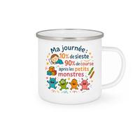 quotedazur - Mug Ma journée : 10% de sieste, 90% de course après les petits monstres - Tasse Cadeau Nounou Femme - Blanc/Emaillé