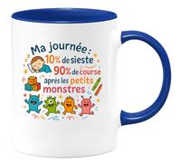 quotedazur - Mug Ma journée : 10% de sieste, 90% de course après les petits monstres - Tasse Cadeau Nounou Femme - Bleu/Céramique