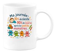 quotedazur - Mug Ma journée : 10% de sieste, 90% de course après les petits monstres - Tasse Cadeau Nounou Femme - Blanc/Céramique