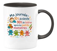 quotedazur - Mug Ma journée : 10% de sieste, 90% de course après les petits monstres - Tasse Cadeau Nounou Femme - Noir/Céramique