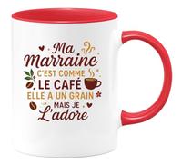 quotedazur - Mug Ma marraine c'est comme le café, elle a un grain mais je l'adore - Tasse Cadeau Marraine Femme - Rouge/Céramique
