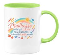 quotedazur - Mug Maîtresse : celle qui colorie nos journées même les lundis matin - Tasse Cadeau Maîtresse Femme - Vert/Céramique