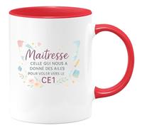 quotedazur - Mug Maîtresse : celle qui nous a donné des ailes pour voler vers le CE1 - Tasse Cadeau Maîtresse Femme - Rouge/Céramique