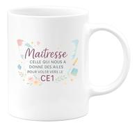 quotedazur - Mug Maîtresse : celle qui nous a donné des ailes pour voler vers le CE1 - Tasse Cadeau Maîtresse Femme - Blanc/Céramique