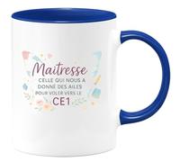 quotedazur - Mug Maîtresse : celle qui nous a donné des ailes pour voler vers le CE1 - Tasse Cadeau Maîtresse Femme - Bleu/Céramique