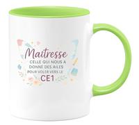 quotedazur - Mug Maîtresse : celle qui nous a donné des ailes pour voler vers le CE1 - Tasse Cadeau Maîtresse Femme - Vert/Céramique