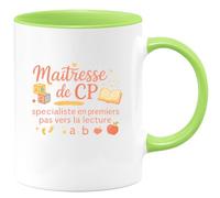 quotedazur - Mug Maîtresse de CP : spécialiste en premiers pas vers la lecture - Tasse Cadeau Maîtresse Femme - Vert/Céramique