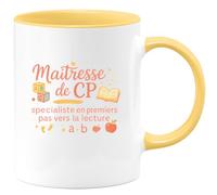 quotedazur - Mug Maîtresse de CP : spécialiste en premiers pas vers la lecture - Tasse Cadeau Maîtresse Femme - Jaune/Céramique