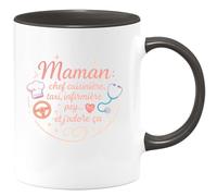 quotedazur - Mug Maman : chef cuisinière, taxi, infirmière, psy... et j'adore ça - Tasse Cadeau Maman Femme - Noir/Céramique