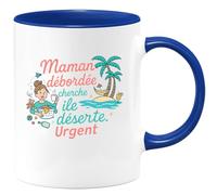 quotedazur - Mug Maman débordée cherche île déserte. Urgent - Tasse Cadeau Humour Femme - Bleu/Céramique