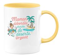 quotedazur - Mug Maman débordée cherche île déserte. Urgent - Tasse Cadeau Humour Femme - Jaune/Céramique
