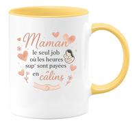 quotedazur - Mug Maman : le seul job où les heures sup' sont payées en câlins - Tasse Cadeau Maman Femme - Jaune/Céramique