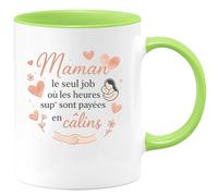 quotedazur - Mug Maman : le seul job où les heures sup' sont payées en câlins - Tasse Cadeau Maman Femme - Vert/Céramique