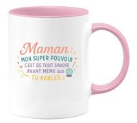 quotedazur - Mug Maman : mon super pouvoir c'est de tout savoir avant même que tu parles - Tasse Cadeau Maman Femme - Rose/Céramique