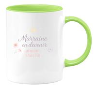 quotedazur - Mug Marraine en devenir, amour sans fin - Tasse Cadeau Baptême Demande Future Marraine Femme - Vert/Céramique