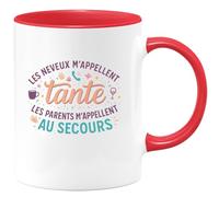 quotedazur - Mug Mes neveux m'appellent tante, les parents m'appellent au secours - Tasse Cadeau Tante Femme - Rouge/Céramique