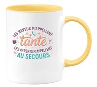 quotedazur - Mug Mes neveux m'appellent tante, les parents m'appellent au secours - Tasse Cadeau Tante Femme - Jaune/Céramique