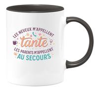 quotedazur - Mug Mes neveux m'appellent tante, les parents m'appellent au secours - Tasse Cadeau Tante Femme - Noir/Céramique