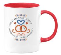 quotedazur - Mug modelé par 9 ans d'amour comme une belle pièce de faïence - Tasse Cadeau Noces de Faïence Homme - Rouge/Céramique