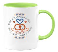 quotedazur - Mug modelé par 9 ans d'amour comme une belle pièce de faïence - Tasse Cadeau Noces de Faïence Homme - Vert/Céramique