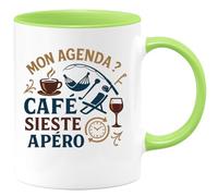 quotedazur - Mug Mon agenda ? Café, sieste, apéro, répéter - Tasse Cadeau Retraite Homme - Vert/Céramique
