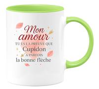 quotedazur - Mug Mon amour, tu es la preuve que Cupidon a parfois la bonne flèche - Tasse Cadeau Amour, Saint-Valentin, Couple Homme - Vert/Céramique