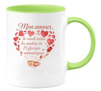 quotedazur - Mug Mon amour, tu rends même les matins du 15 février romantiques - Tasse Cadeau Amour, Saint-Valentin, Couple Homme - Vert/Céramique