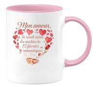 quotedazur - Mug Mon amour, tu rends même les matins du 15 février romantiques - Tasse Cadeau Amour, Saint-Valentin, Couple Homme - Rose/Céramique