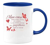 quotedazur - Mug Mon coeur, même après toutes ces années, tu me donnes encore des papillons dans le ventre - Tasse Cadeau Amour, Saint-Valentin, Couple Femme - Bleu/Céramique