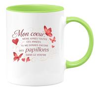 quotedazur - Mug Mon coeur, même après toutes ces années, tu me donnes encore des papillons dans le ventre - Tasse Cadeau Amour, Saint-Valentin, Couple Femme - Vert/Céramique